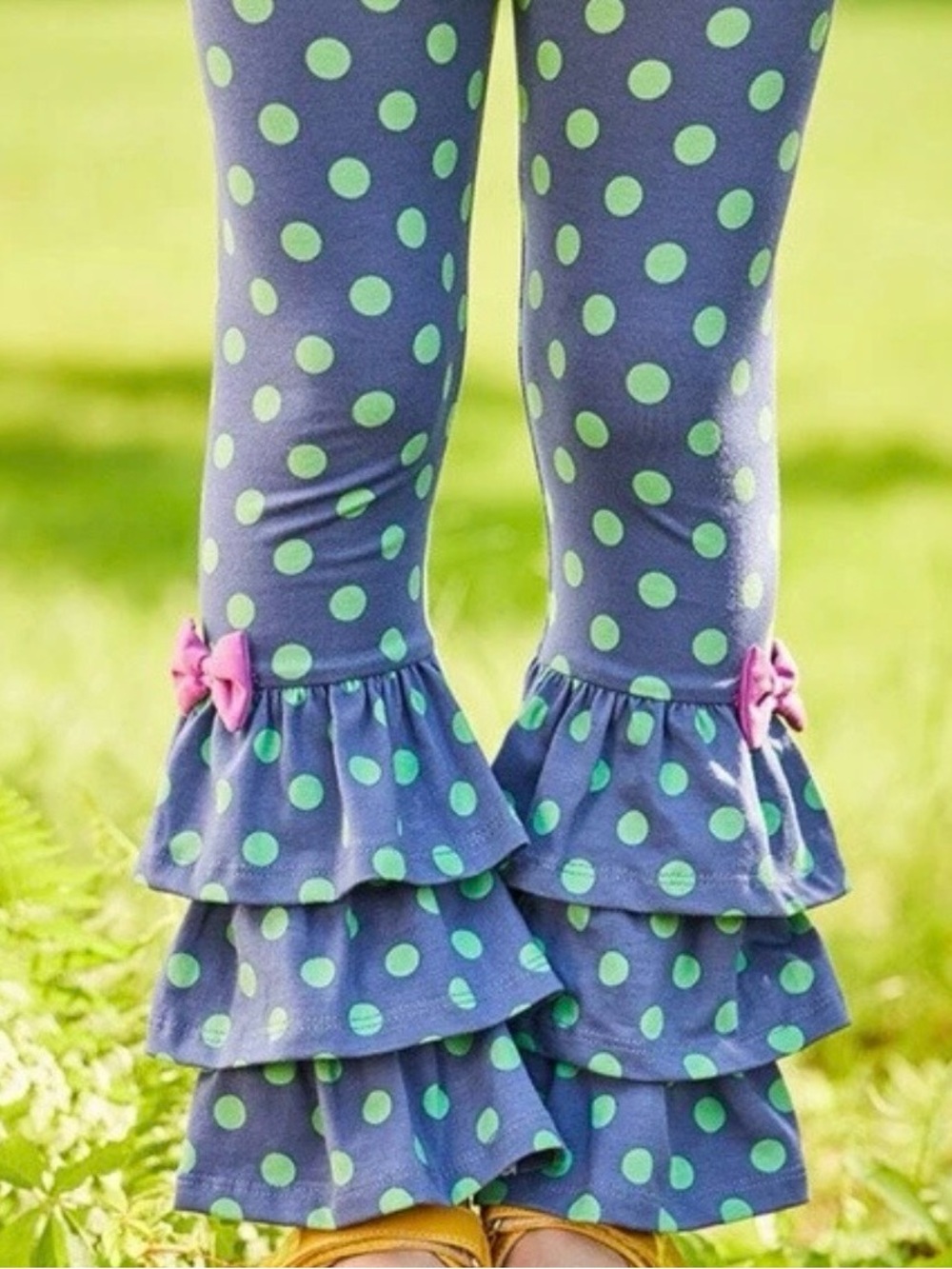 Matilda Jane Blue Polka Dot Ruffle Leggings with Pink Bows